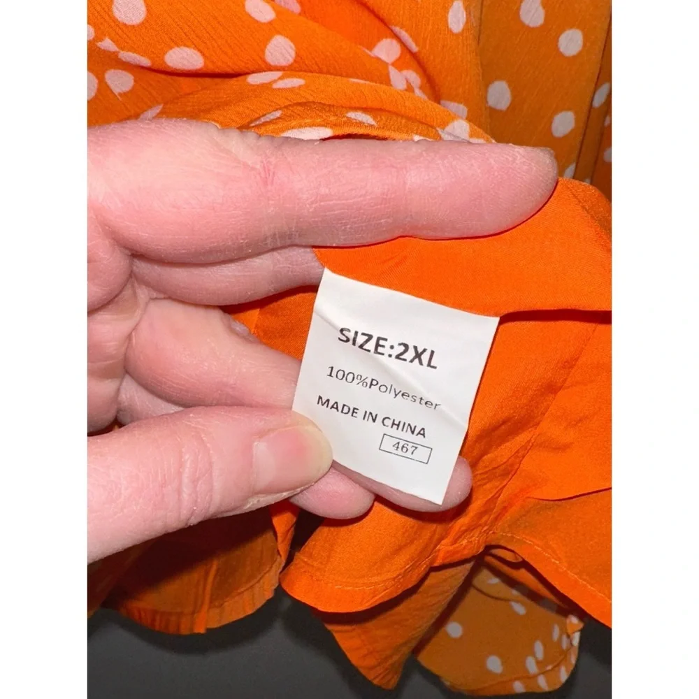 Dokotoo Orange Pleated Long Sleeve V Neck Smocked Printed Chiffon Blouse - Picture 7 of 8